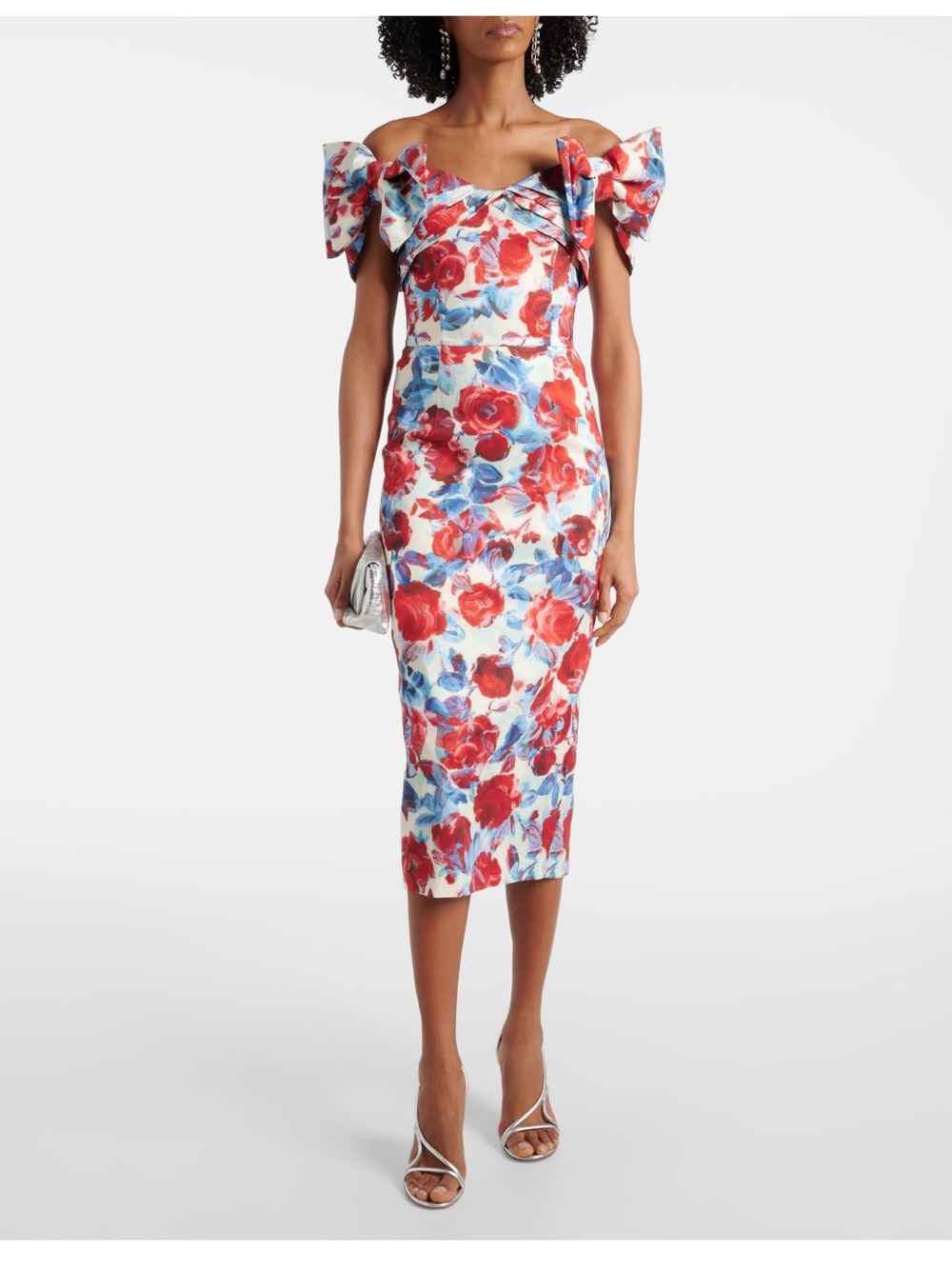 Floral Off-Shoulder Midi Dress in Red & Blue